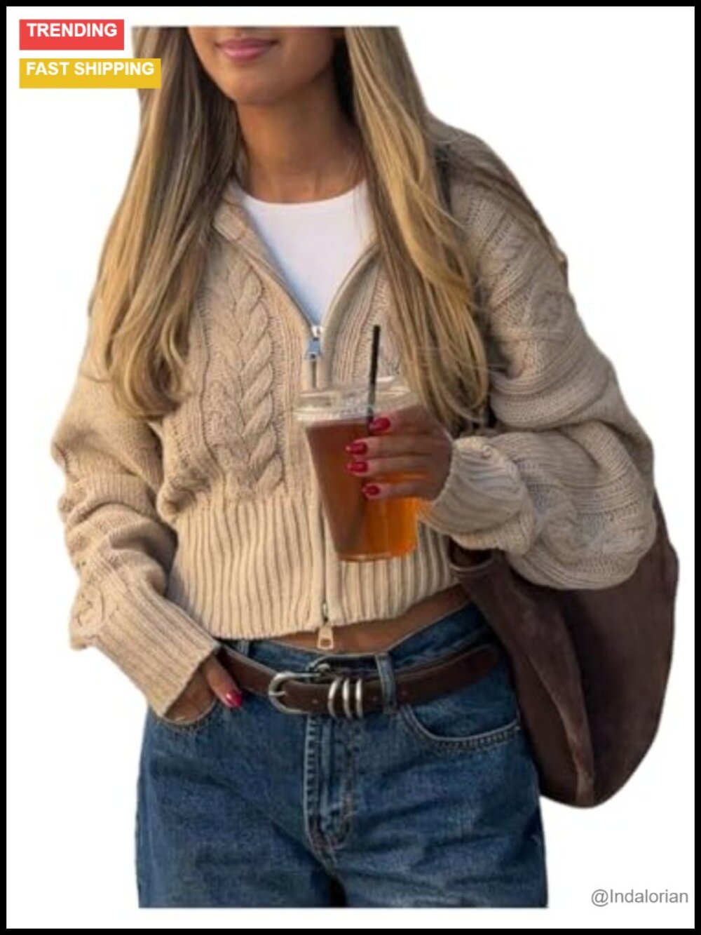 Cable Knit Cropped Zip Up Hooded Cardigan Sweater